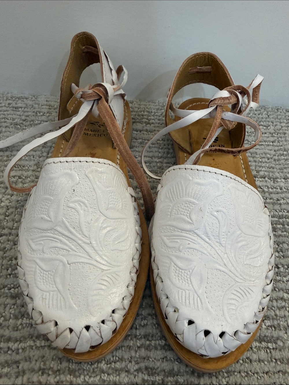 White Embossed Leather Tie-Ankle Sandals